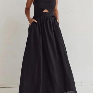 Commense Black Cotton Sleeveless Pockets Cutout Long Dress size L NWT$44